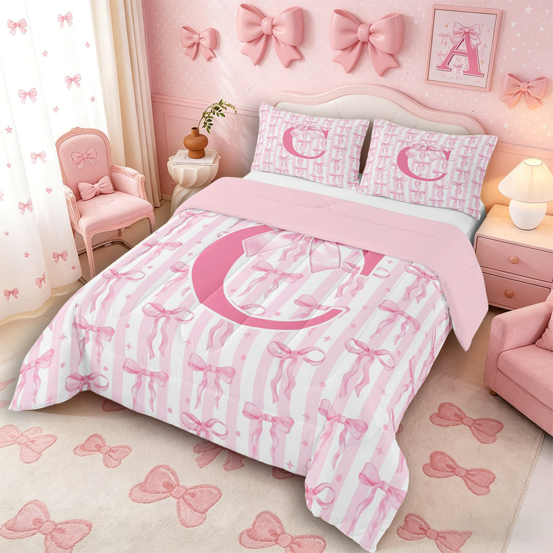 Meiyoeat Sweet Bow Letter C Full Size Comforter Sets 3 Pieces for Girls Toddlers, Lovely Stripe Bedding Sets, Light Pink White,Pink Reversible