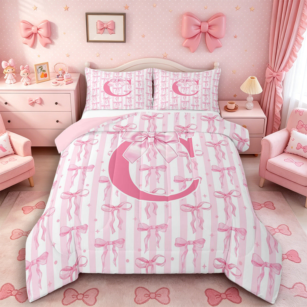 Meiyoeat Sweet Bow Letter C Full Size Comforter Sets 3 Pieces for Girls Toddlers, Lovely Stripe Bedding Sets, Light Pink White,Pink Reversible