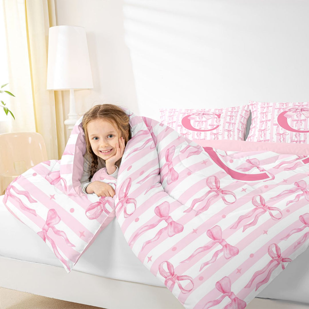 Meiyoeat Sweet Bow Letter C Full Size Comforter Sets 3 Pieces for Girls Toddlers, Lovely Stripe Bedding Sets, Light Pink White,Pink Reversible