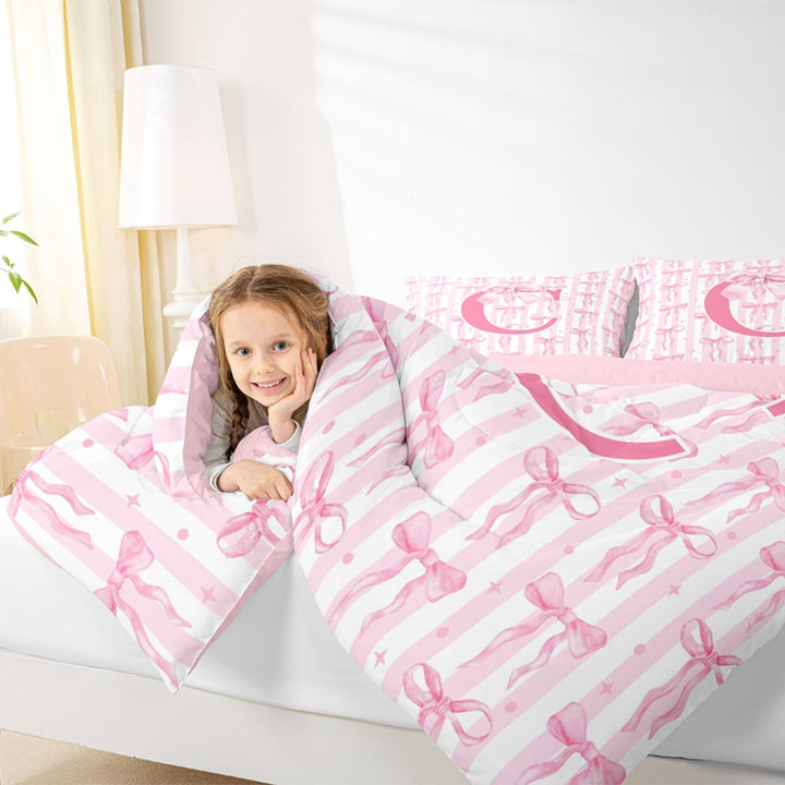 Meiyoeat Sweet Bow Letter C Full Size Comforter Sets 3 Pieces for Girls Toddlers, Lovely Stripe Bedding Sets, Light Pink White,Pink Reversible