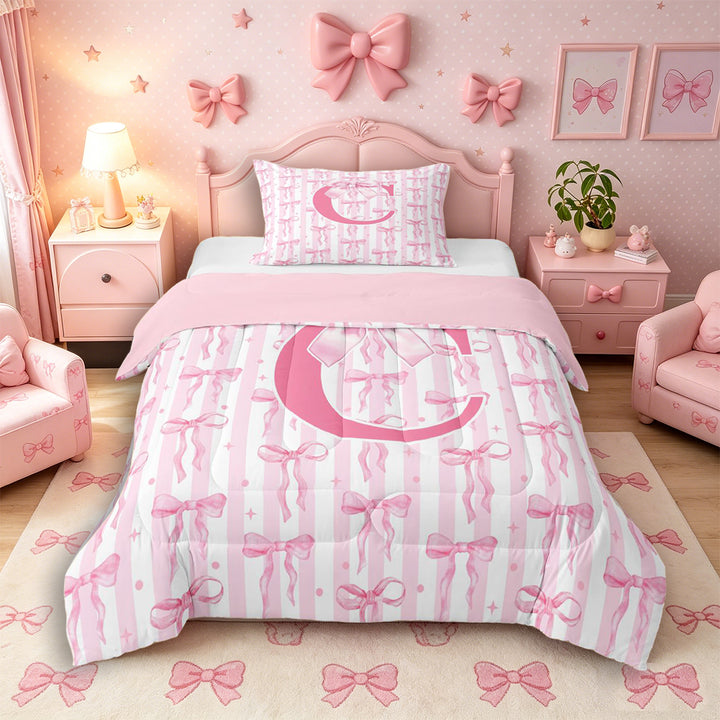 Meiyoeat Sweet Bow Letter C Full Size Comforter Sets 3 Pieces for Girls Toddlers, Lovely Stripe Bedding Sets, Light Pink White,Pink Reversible