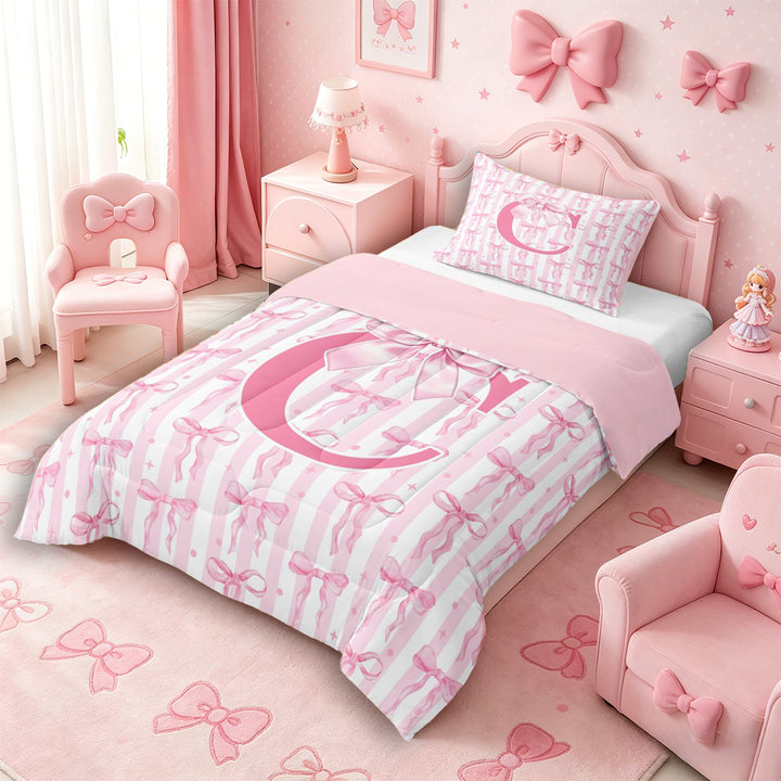 Meiyoeat Sweet Bow Letter C Full Size Comforter Sets 3 Pieces for Girls Toddlers, Lovely Stripe Bedding Sets, Light Pink White,Pink Reversible