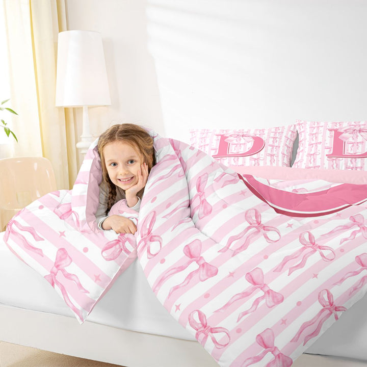 Meiyoeat Charming Bow Letter D Bedding Comforter Set 7 Pieces for Girls Juniors, Soft Stripe Full Bedding Set for Bedroom, Light Pink White,Pink Reversible