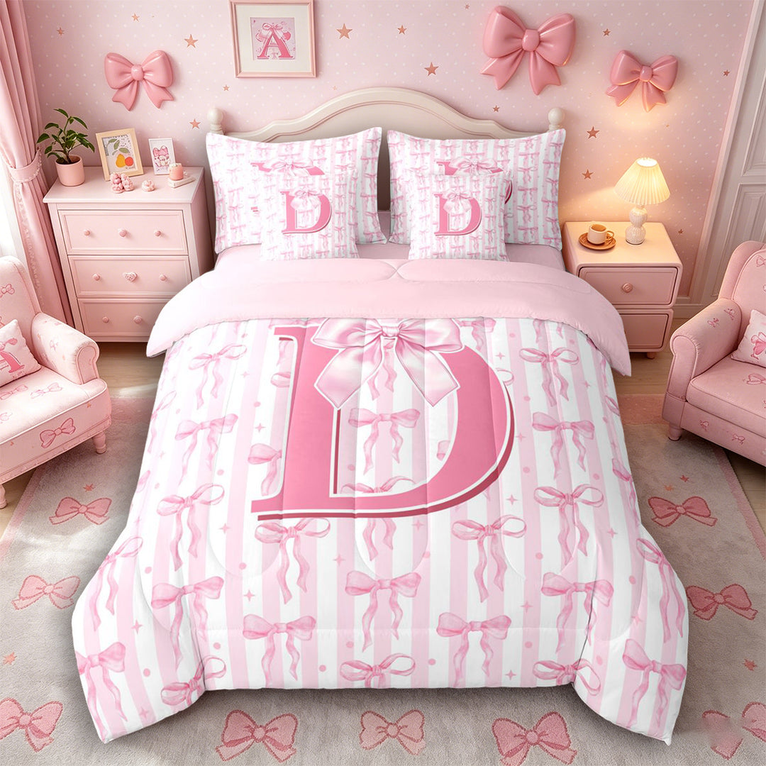 Meiyoeat Charming Bow Letter D Bedding Comforter Set 7 Pieces for Girls Juniors, Soft Stripe Full Bedding Set for Bedroom, Light Pink White,Pink Reversible