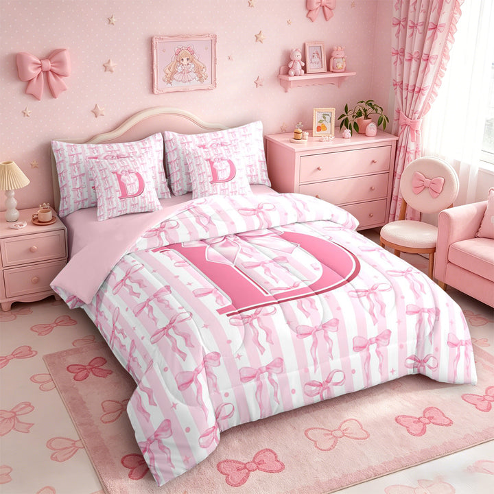 Meiyoeat Charming Bow Letter D Bedding Comforter Set 7 Pieces for Girls Juniors, Soft Stripe Full Bedding Set for Bedroom, Light Pink White,Pink Reversible