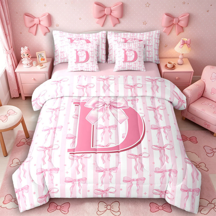 Meiyoeat Charming Bow Letter D Bedding Comforter Set 7 Pieces for Girls Juniors, Soft Stripe Full Bedding Set for Bedroom, Light Pink White,Pink Reversible