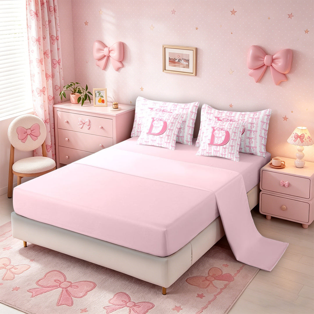 Meiyoeat Charming Bow Letter D Bedding Comforter Set 7 Pieces for Girls Juniors, Soft Stripe Full Bedding Set for Bedroom, Light Pink White,Pink Reversible