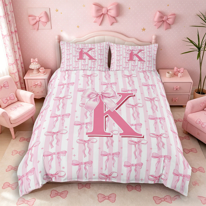 Meiyoeat Charming Bow Letter K Duvet Cover Set for Girls Preschoolers, Soft Stripe Bedding Full for Daily, Light Pink White,Pink Reversible,3pcs,No Comforter