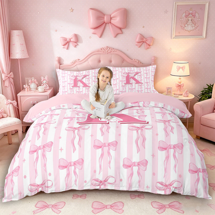 Meiyoeat Charming Bow Letter K Duvet Cover Set for Girls Preschoolers, Soft Stripe Bedding Full for Daily, Light Pink White,Pink Reversible,3pcs,No Comforter