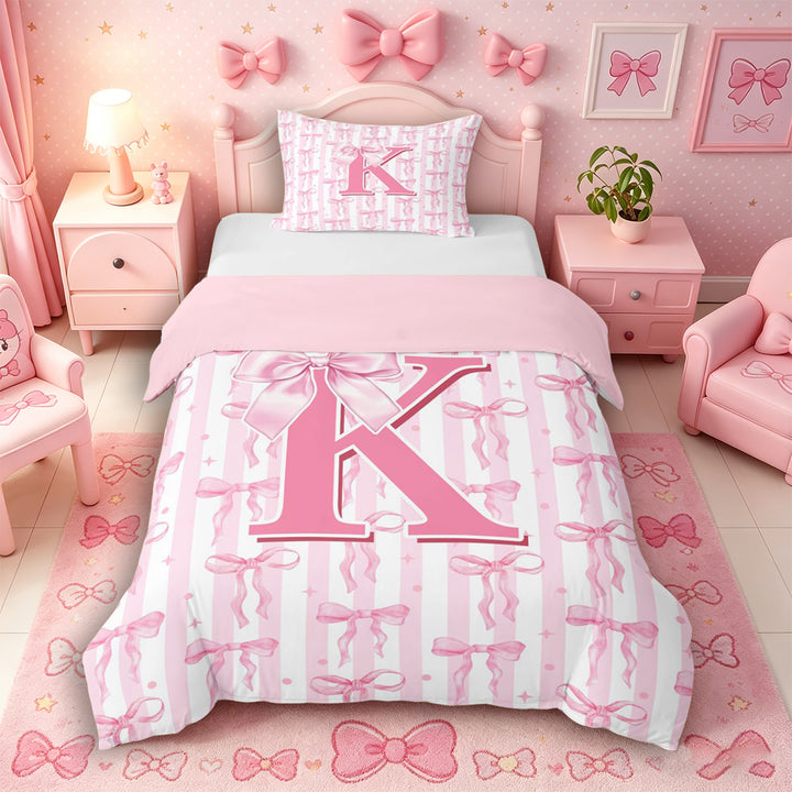 Meiyoeat Charming Bow Letter K Duvet Cover Set for Girls Preschoolers, Soft Stripe Bedding Full for Daily, Light Pink White,Pink Reversible,3pcs,No Comforter