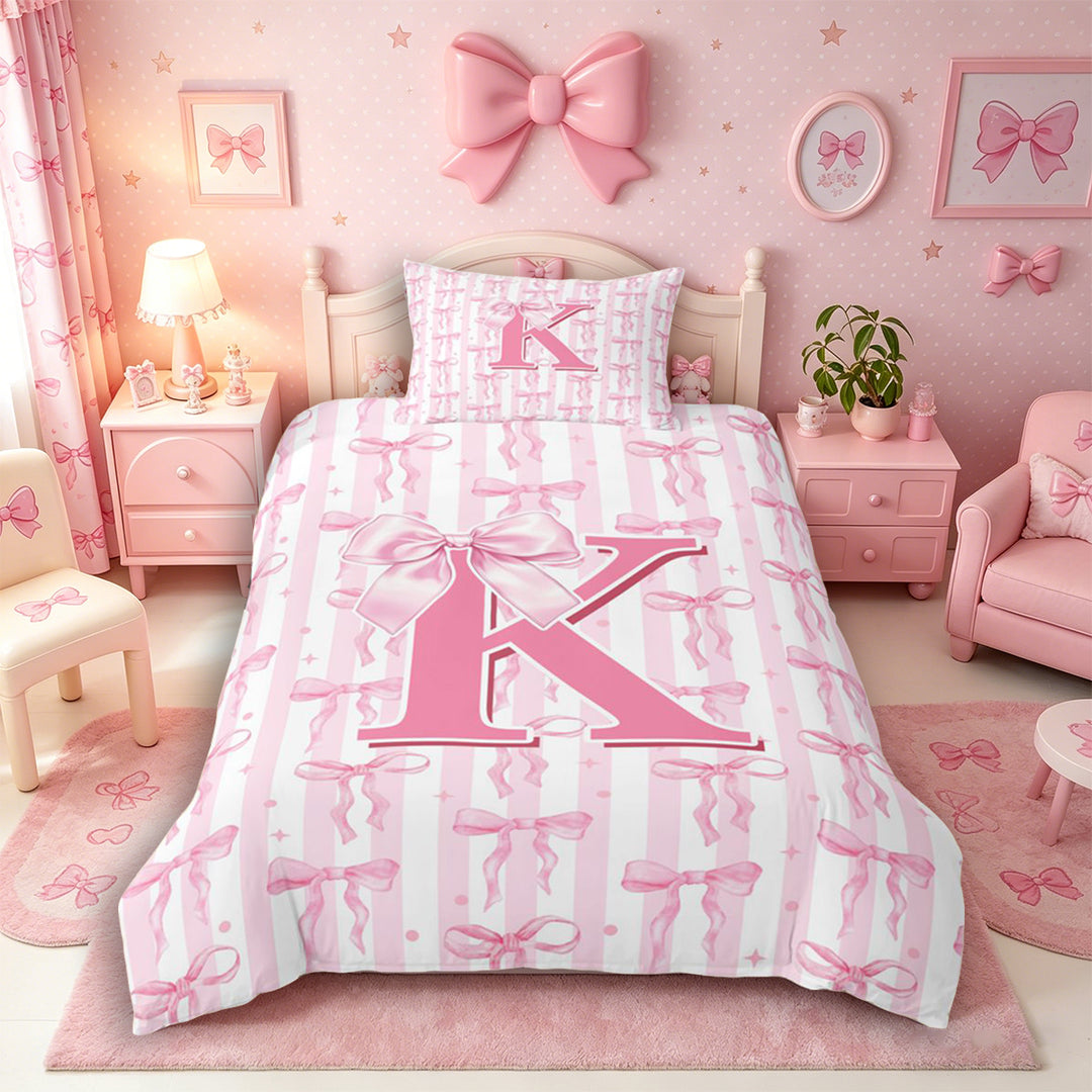 Meiyoeat Charming Bow Letter K Duvet Cover Set for Girls Preschoolers, Soft Stripe Bedding Full for Daily, Light Pink White,Pink Reversible,3pcs,No Comforter