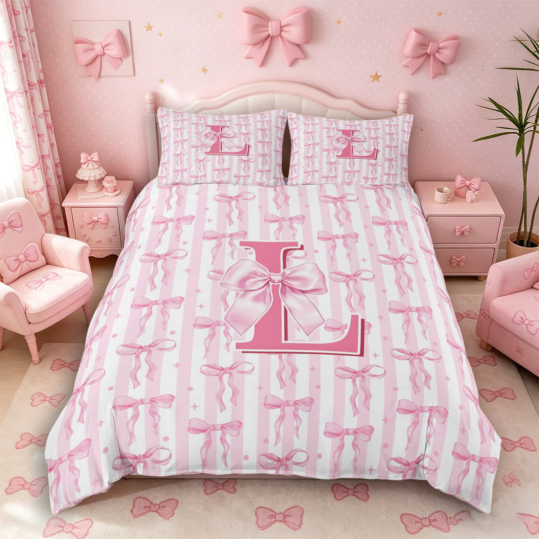 Meiyoeat Coquette Bow Letter L Duvet Cover Set for Girls Kids, Preppy Stripe Bedding Full for Nursery, Light Pink White,Pink Reversible,3pcs,No Comforter