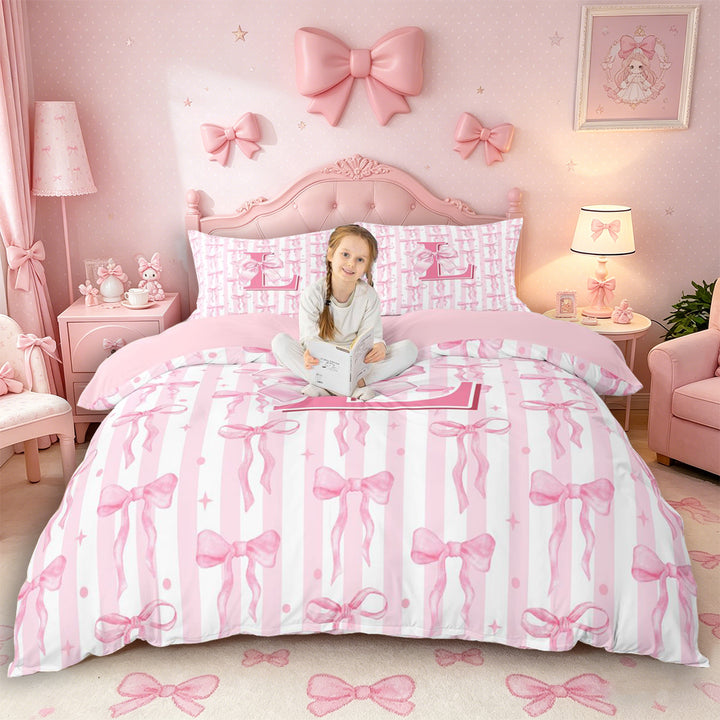 Meiyoeat Coquette Bow Letter L Duvet Cover Set for Girls Kids, Preppy Stripe Bedding Full for Nursery, Light Pink White,Pink Reversible,3pcs,No Comforter