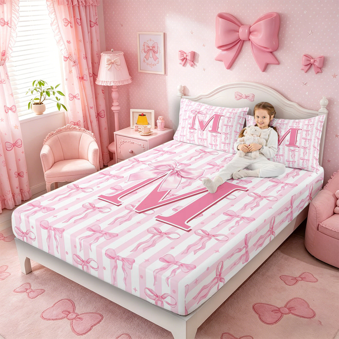 Meiyoeat Girly Bow Letter M Full Size Sheets 4-Piece for Girls Teens, Cute Stripe Bed Sheets, Light Pink White