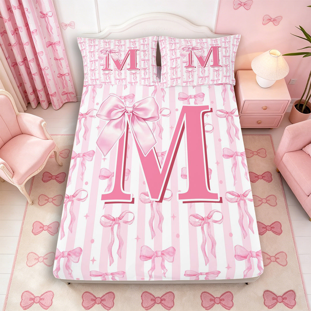 Meiyoeat Girly Bow Letter M Full Size Sheets 4-Piece for Girls Teens, Cute Stripe Bed Sheets, Light Pink White
