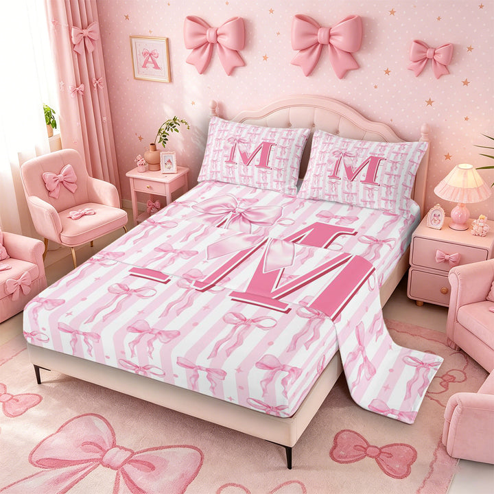 Meiyoeat Girly Bow Letter M Full Size Sheets 4-Piece for Girls Teens, Cute Stripe Bed Sheets, Light Pink White
