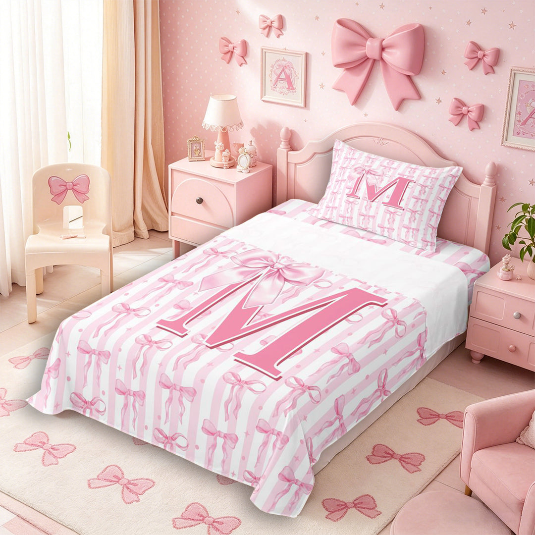 Meiyoeat Girly Bow Letter M Full Size Sheets 4-Piece for Girls Teens, Cute Stripe Bed Sheets, Light Pink White