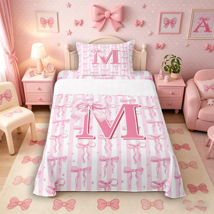 Meiyoeat Girly Bow Letter M Full Size Sheets 4-Piece for Girls Teens, Cute Stripe Bed Sheets, Light Pink White
