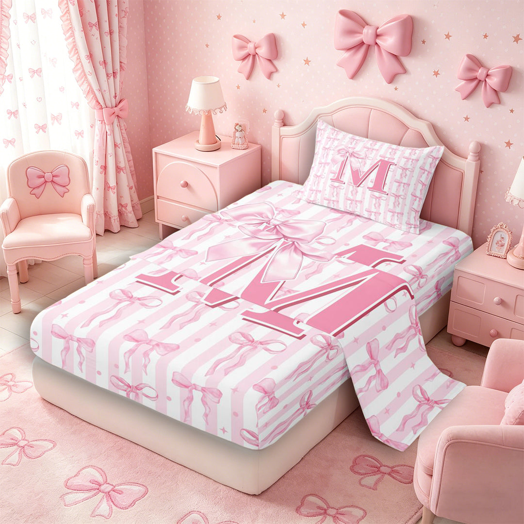 Meiyoeat Girly Bow Letter M Full Size Sheets 4-Piece for Girls Teens, Cute Stripe Bed Sheets, Light Pink White