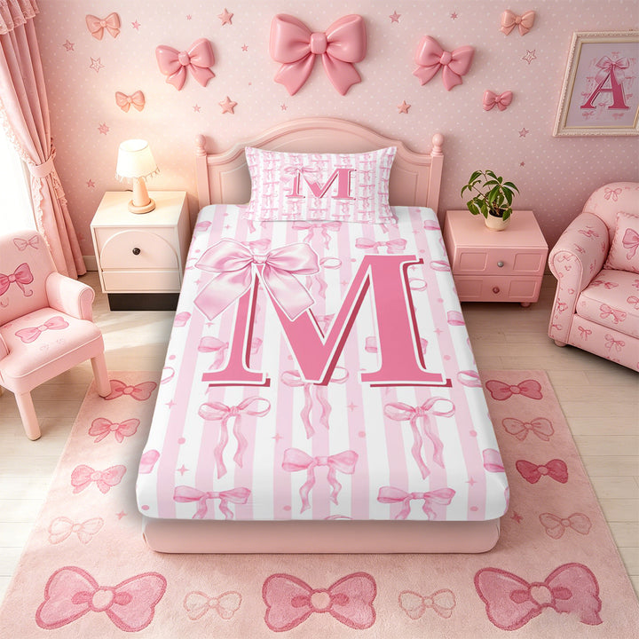 Meiyoeat Girly Bow Letter M Full Size Sheets 4-Piece for Girls Teens, Cute Stripe Bed Sheets, Light Pink White