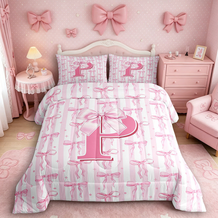 Meiyoeat Sweet Bow Letter P Full Size Comforter Sets 3 Pieces for Girls Toddlers, Lovely Stripe Bedding Sets, Light Pink White,Pink Reversible