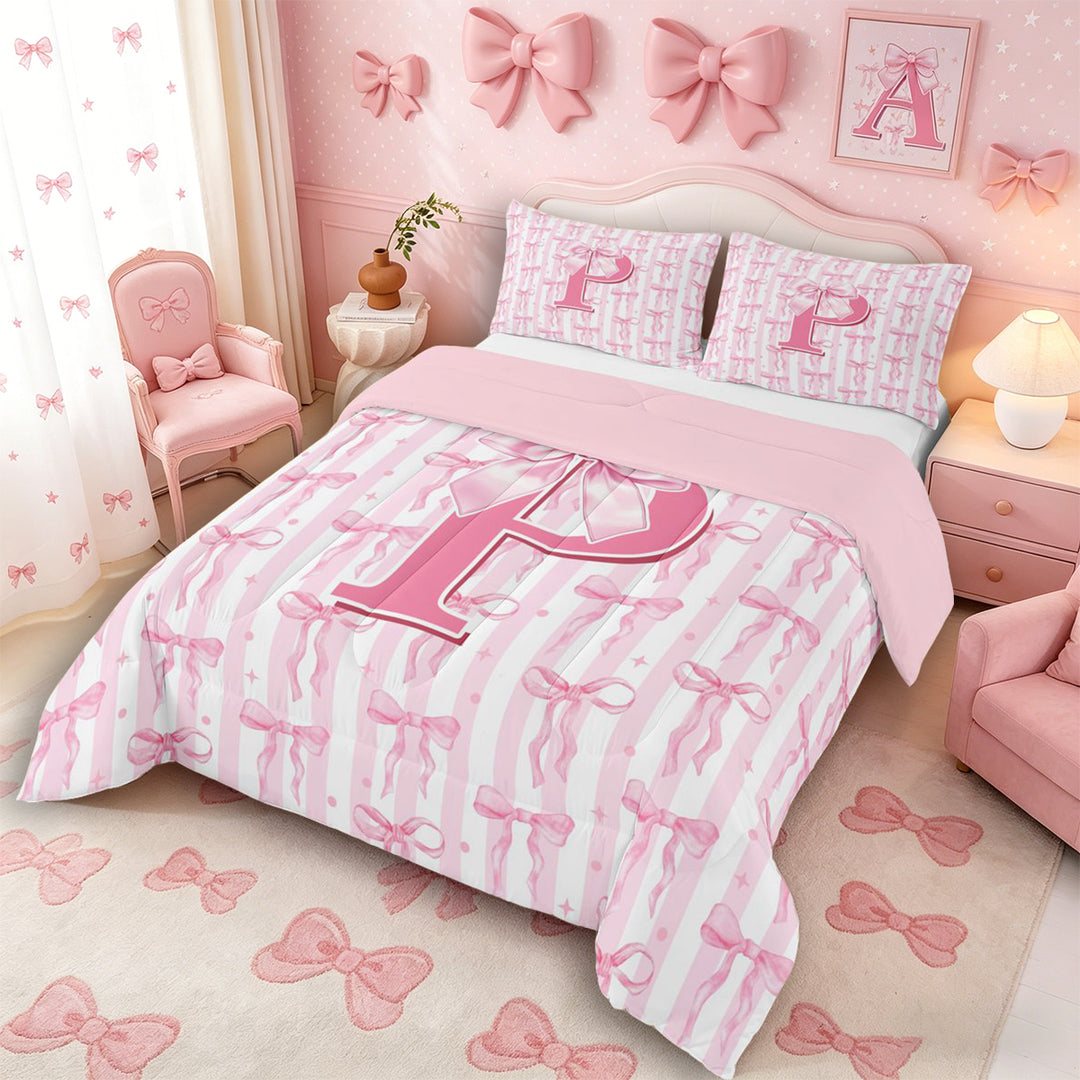 Meiyoeat Sweet Bow Letter P Full Size Comforter Sets 3 Pieces for Girls Toddlers, Lovely Stripe Bedding Sets, Light Pink White,Pink Reversible