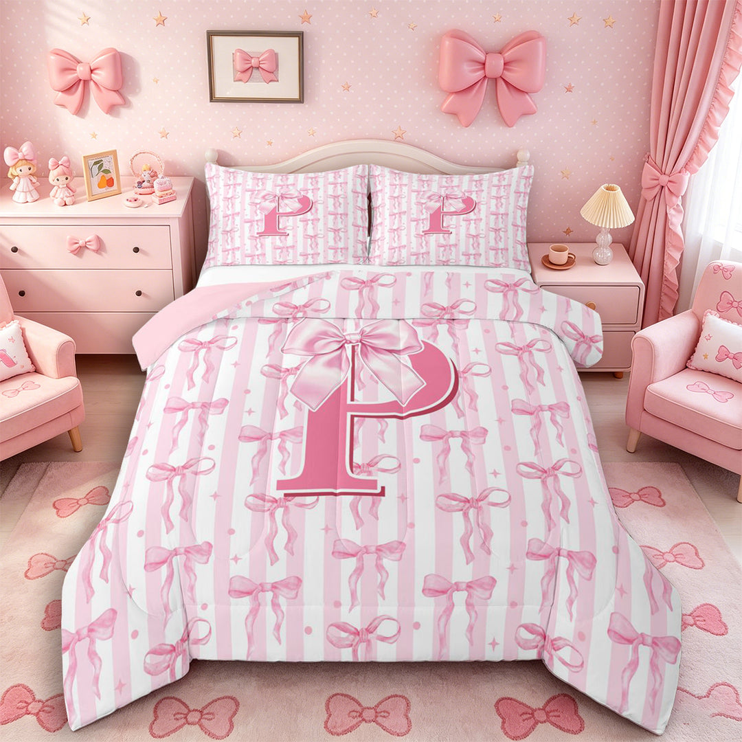 Meiyoeat Sweet Bow Letter P Full Size Comforter Sets 3 Pieces for Girls Toddlers, Lovely Stripe Bedding Sets, Light Pink White,Pink Reversible