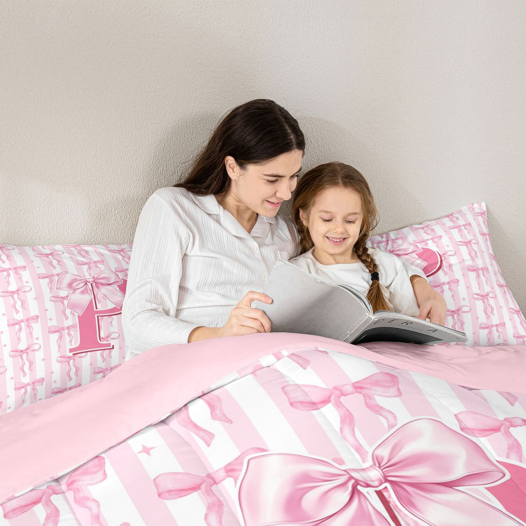 Meiyoeat Sweet Bow Letter P Full Size Comforter Sets 3 Pieces for Girls Toddlers, Lovely Stripe Bedding Sets, Light Pink White,Pink Reversible