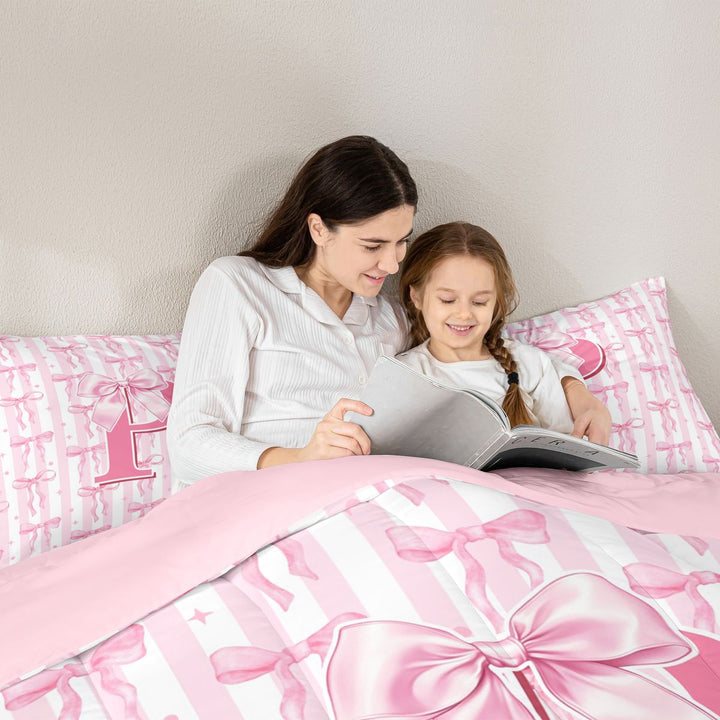 Meiyoeat Sweet Bow Letter P Full Size Comforter Sets 3 Pieces for Girls Toddlers, Lovely Stripe Bedding Sets, Light Pink White,Pink Reversible