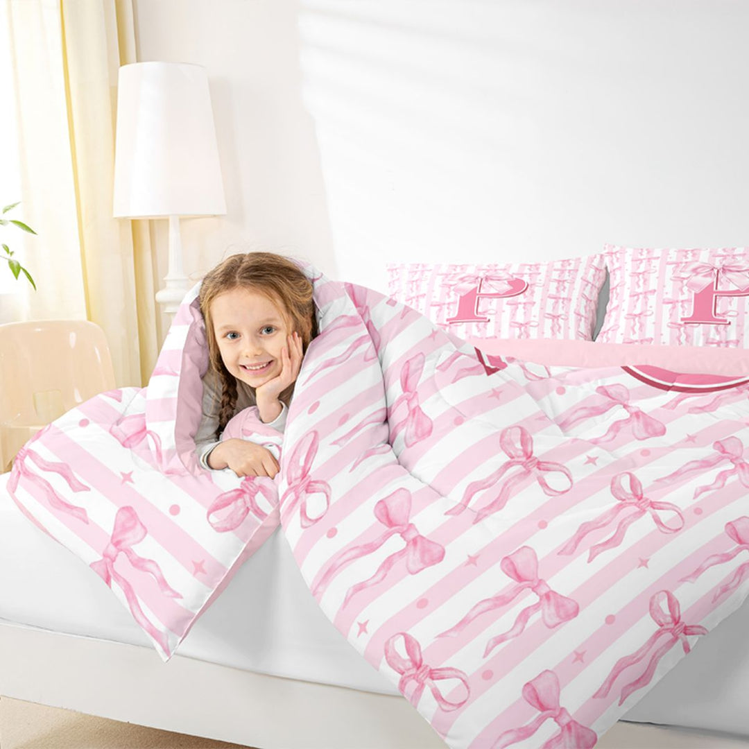 Meiyoeat Sweet Bow Letter P Full Size Comforter Sets 3 Pieces for Girls Toddlers, Lovely Stripe Bedding Sets, Light Pink White,Pink Reversible