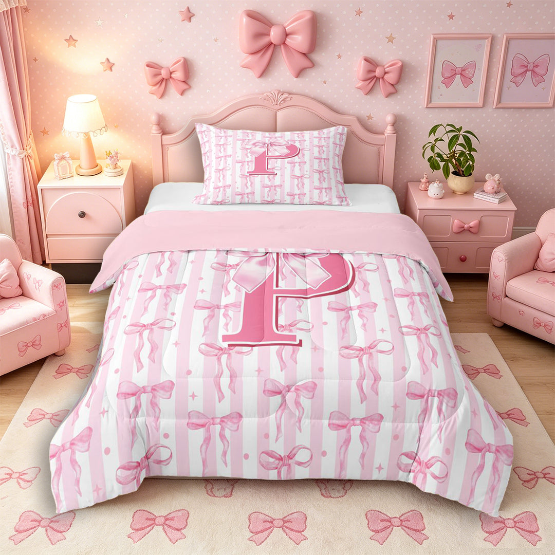 Meiyoeat Sweet Bow Letter P Full Size Comforter Sets 3 Pieces for Girls Toddlers, Lovely Stripe Bedding Sets, Light Pink White,Pink Reversible