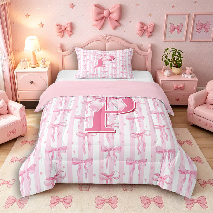 Meiyoeat Sweet Bow Letter P Full Size Comforter Sets 3 Pieces for Girls Toddlers, Lovely Stripe Bedding Sets, Light Pink White,Pink Reversible