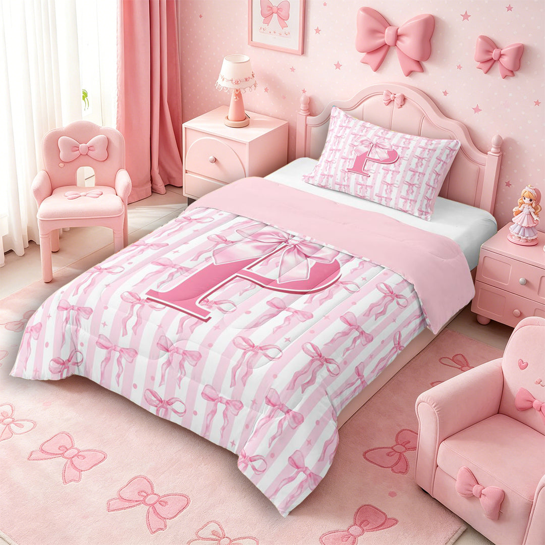Meiyoeat Sweet Bow Letter P Full Size Comforter Sets 3 Pieces for Girls Toddlers, Lovely Stripe Bedding Sets, Light Pink White,Pink Reversible