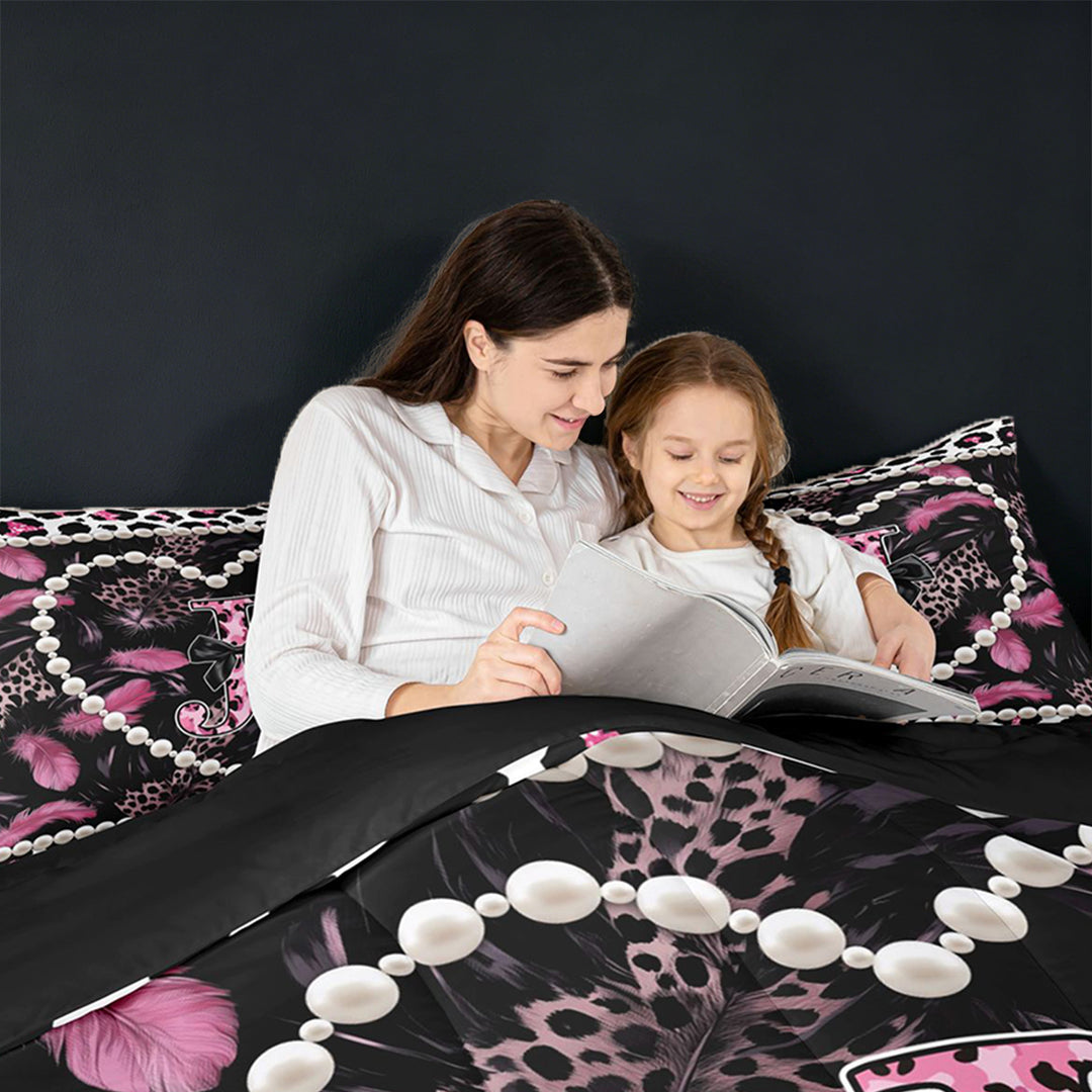 meiyoeat Pink Print Feather 7 Pieces Bedding Comforter Set For Women,Dreamy Princess Style Alphabet J Full Bedding Set For Adults,black Reversible