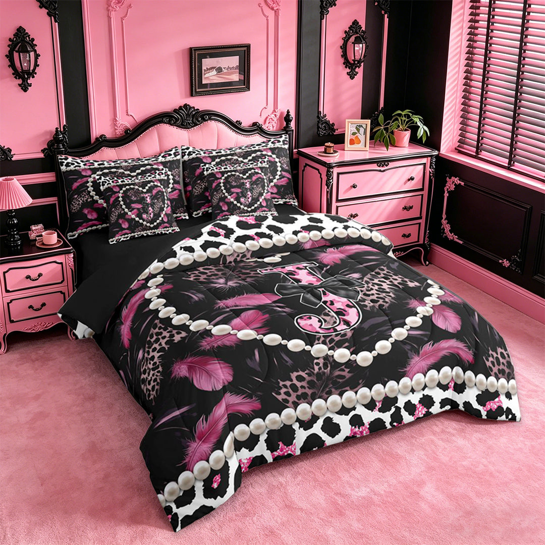 meiyoeat Pink Print Feather 7 Pieces Bedding Comforter Set For Women,Dreamy Princess Style Alphabet J Full Bedding Set For Adults,black Reversible