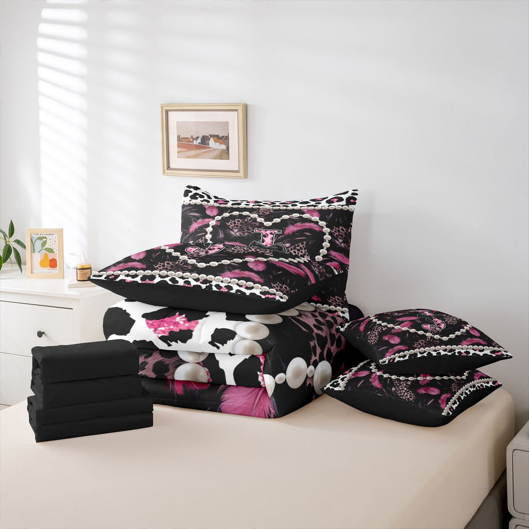 meiyoeat Pink Print Feather 7 Pieces Bedding Comforter Set For Women,Dreamy Princess Style Alphabet J Full Bedding Set For Adults,black Reversible