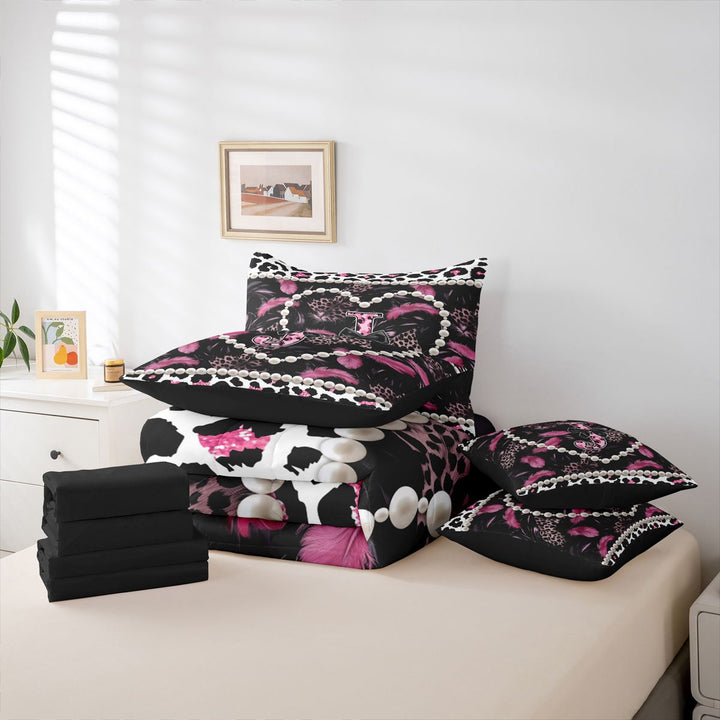 meiyoeat Pink Print Feather 7 Pieces Bedding Comforter Set For Women,Dreamy Princess Style Alphabet J Full Bedding Set For Adults,black Reversible