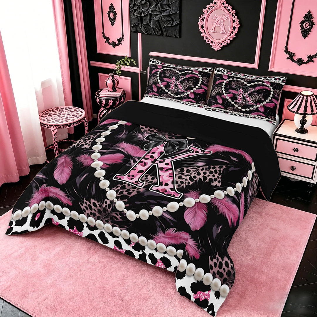 meiyoeat Pink Black Leopard Pattern Full Size Comforter Sets For Girls,Cheetah Initial K Letter Bedding Sets For Leopard Lovers,black Reversible,3-Piece