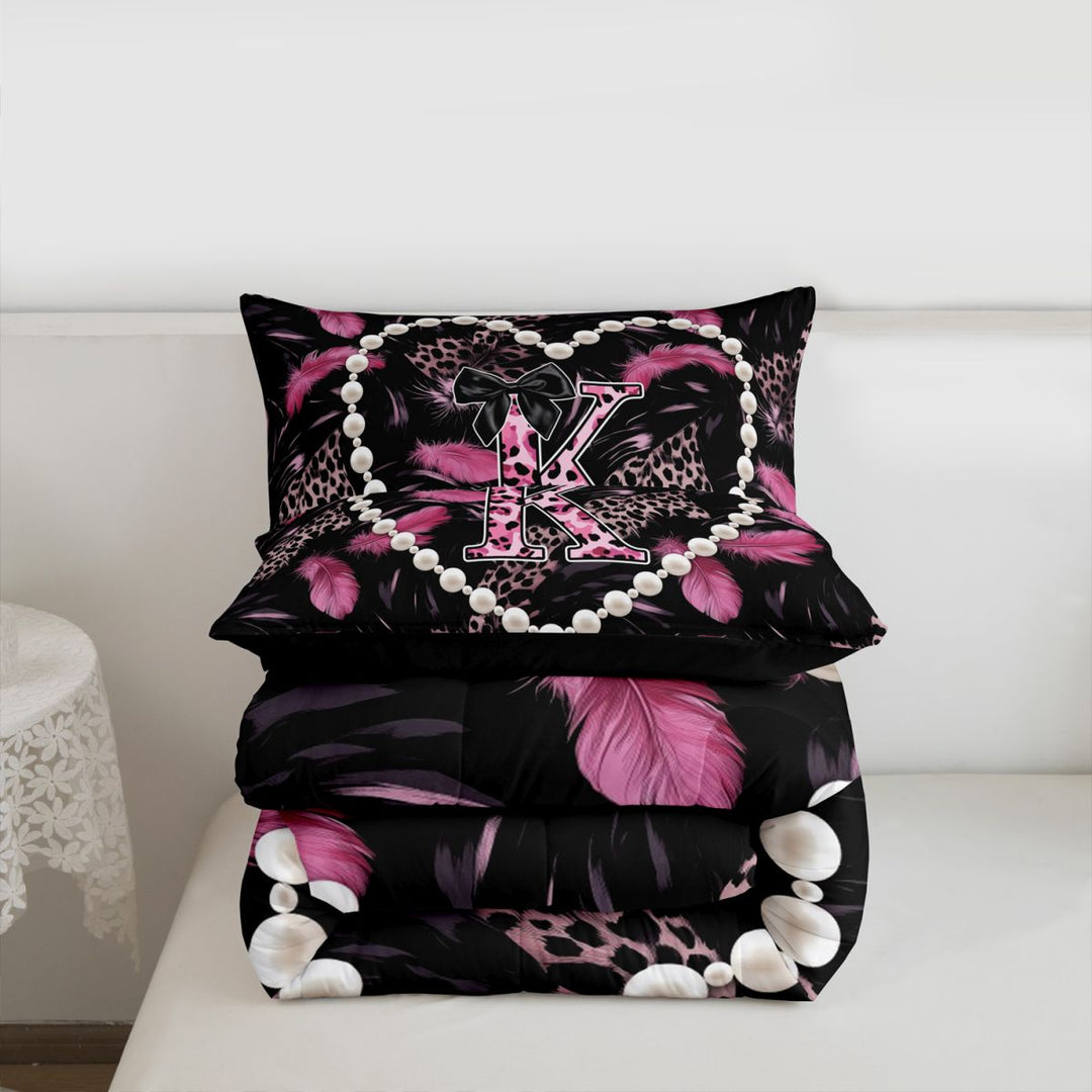 meiyoeat Pink Black Leopard Pattern Full Size Comforter Sets For Girls,Cheetah Initial K Letter Bedding Sets For Leopard Lovers,black Reversible,3-Piece