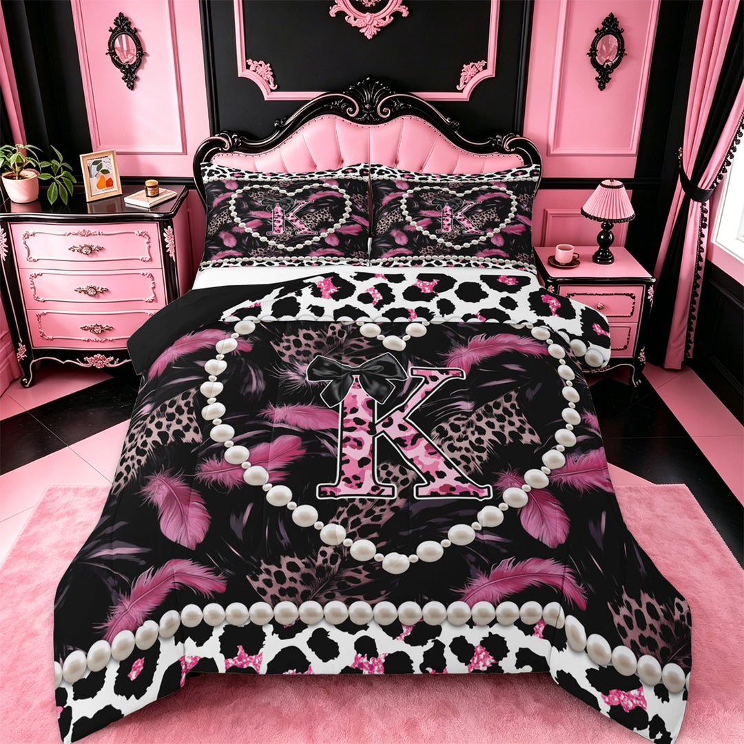 meiyoeat Pink Black Leopard Pattern Full Size Comforter Sets For Girls,Cheetah Initial K Letter Bedding Sets For Leopard Lovers,black Reversible,3-Piece