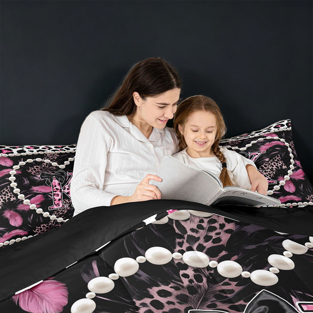 meiyoeat Pink Black Leopard Pattern Full Size Comforter Sets For Girls,Cheetah Initial K Letter Bedding Sets For Leopard Lovers,black Reversible,3-Piece
