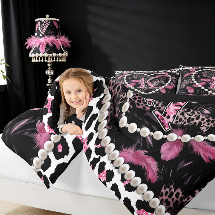 meiyoeat Pink Black Leopard Pattern Full Size Comforter Sets For Girls,Cheetah Initial K Letter Bedding Sets For Leopard Lovers,black Reversible,3-Piece