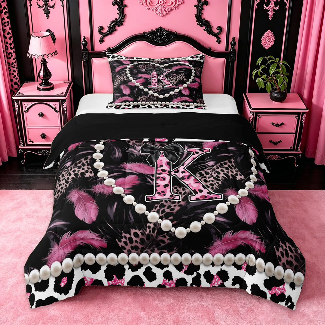 meiyoeat Pink Black Leopard Pattern Full Size Comforter Sets For Girls,Cheetah Initial K Letter Bedding Sets For Leopard Lovers,black Reversible,3-Piece