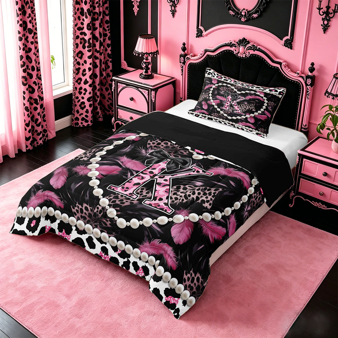 meiyoeat Pink Black Leopard Pattern Full Size Comforter Sets For Girls,Cheetah Initial K Letter Bedding Sets For Leopard Lovers,black Reversible,3-Piece
