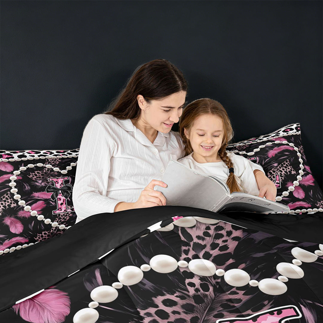 meiyoeat Cute Bow Monogrammed 7 Pieces Bedding Comforter Set For Girls,Leopard Personalized Initial L 7 Pieces Bedding Comforter Set For Women,black Reversible