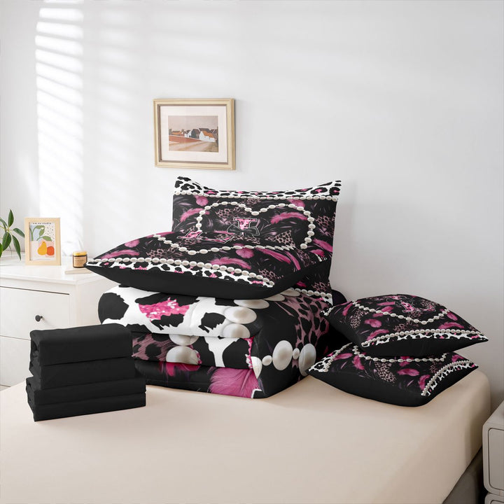 meiyoeat Cute Bow Monogrammed 7 Pieces Bedding Comforter Set For Girls,Leopard Personalized Initial L 7 Pieces Bedding Comforter Set For Women,black Reversible