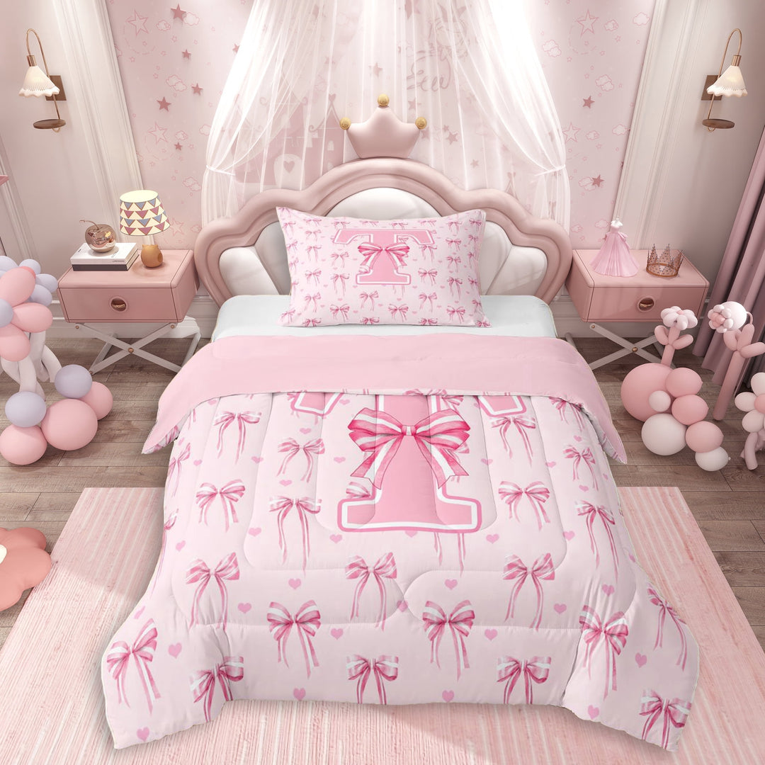 Erosebridal Pink T Personalized Initial Twin Comforter Sets 3-Piece For Girls Teens,Kawaii Ribbon Bow Knot Girl Bedding Set,Pink Reversible