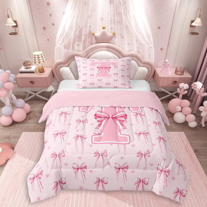 Erosebridal Pink T Personalized Initial Twin Comforter Sets 3-Piece For Girls Teens,Kawaii Ribbon Bow Knot Girl Bedding Set,Pink Reversible