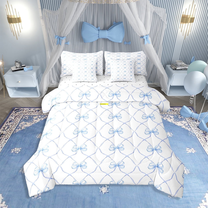 Erosebridal Girls Bowknot 7 Piece Comforter Set Full Bow Knot Bedding Butterfly Knot Bow Tie Sheet Set Bed in A Bag Aesthetic Coquette Bedroom Decor Geometric Cartoon Blue Duvet Insert