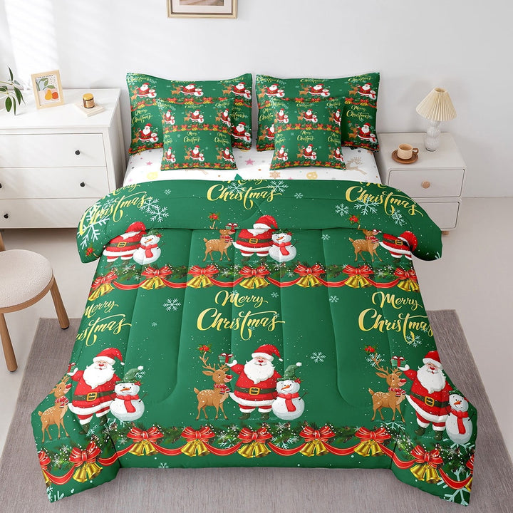 Santa Claus Comforter Set 7 Piece Bed in a Bag Twin,Xmas Elk Deer Cute Bedding Sets Christmas Bell Cartoon Snowman Sheet Set with Comforter